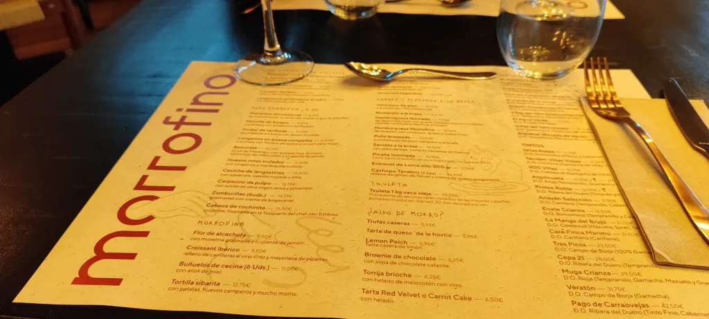 Carta Menú Restaurante Morrofino. Zaragoza.