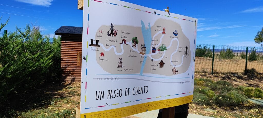 Cartel informativo Un Paseo de Cuento. Villarquemado en Teruel.
