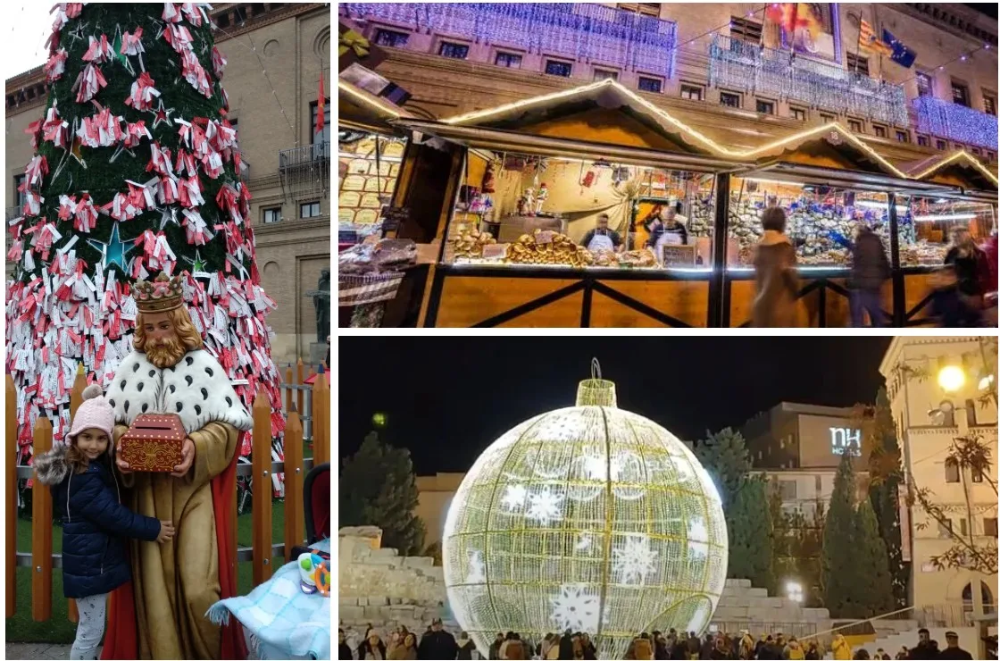 Mercado Navideño en la Plaza del Pilar de Zaragoza en Navidad.